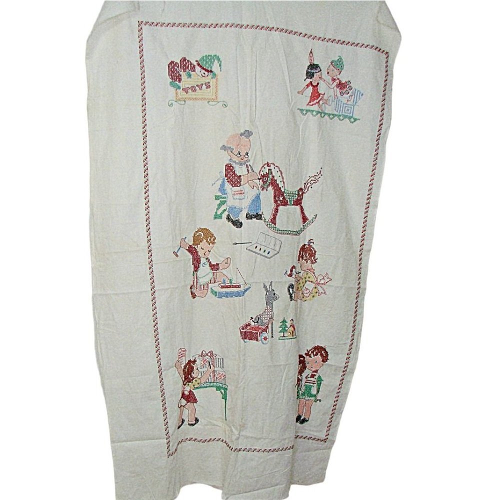Vintage Handmade Cross-Stitch Runner Towel Blanket Kids Holiday Babys Room 56x34